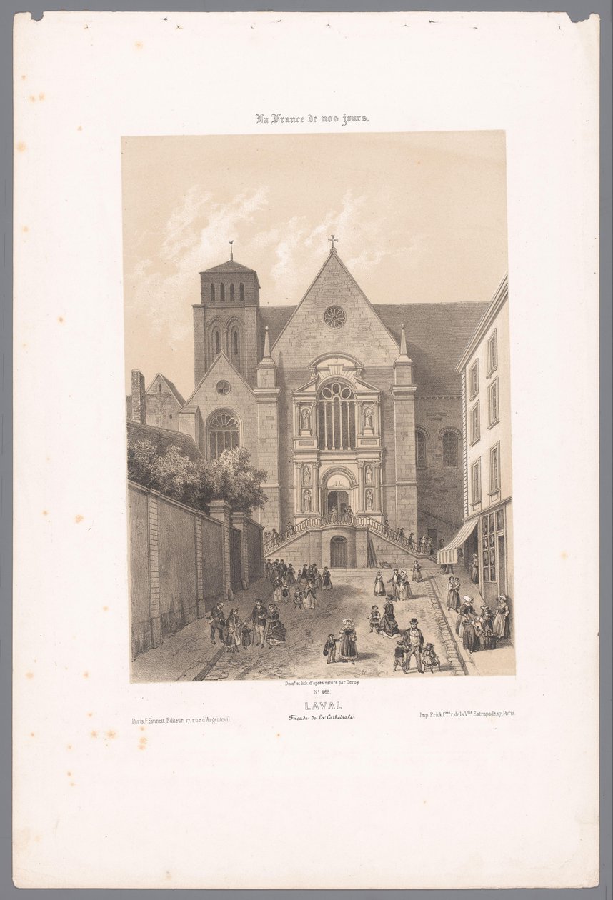Utsikt över Sainte-Trinité-katedralen i Laval lava. Fasad de la Cathédrale (titel på objekt) Contemporary France (serietitel) La France de nos jours (serietitel på objekt) av Isodore Laurent Deroy