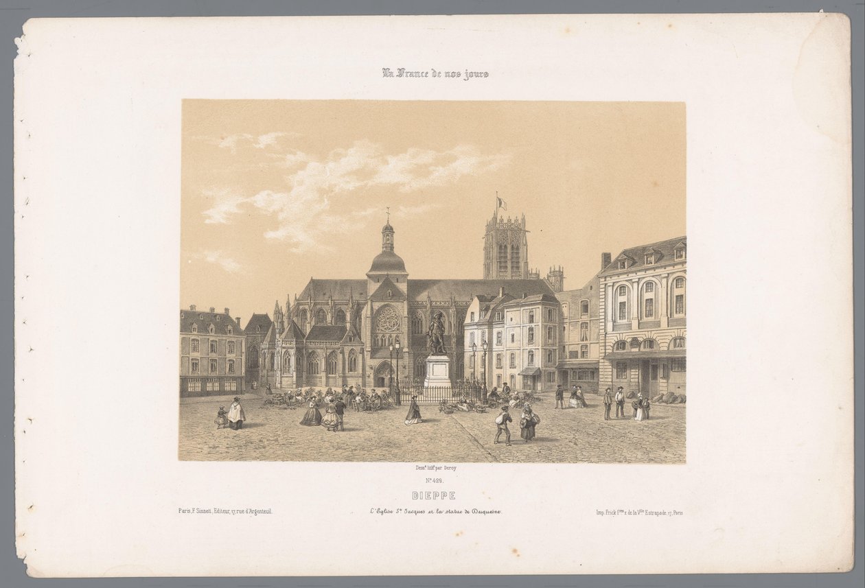 Utsikt över Saint-Jacques-kyrkan och statyn av Duquesne i Dieppe Dieppe. l