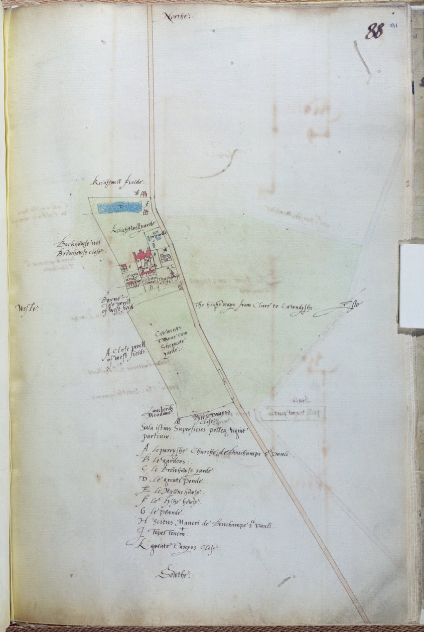 Ms 255171 fol.88 Karta över byn Belchamp St. Paul, 1576 penna & bläck och wc på papper av Israel Amyce