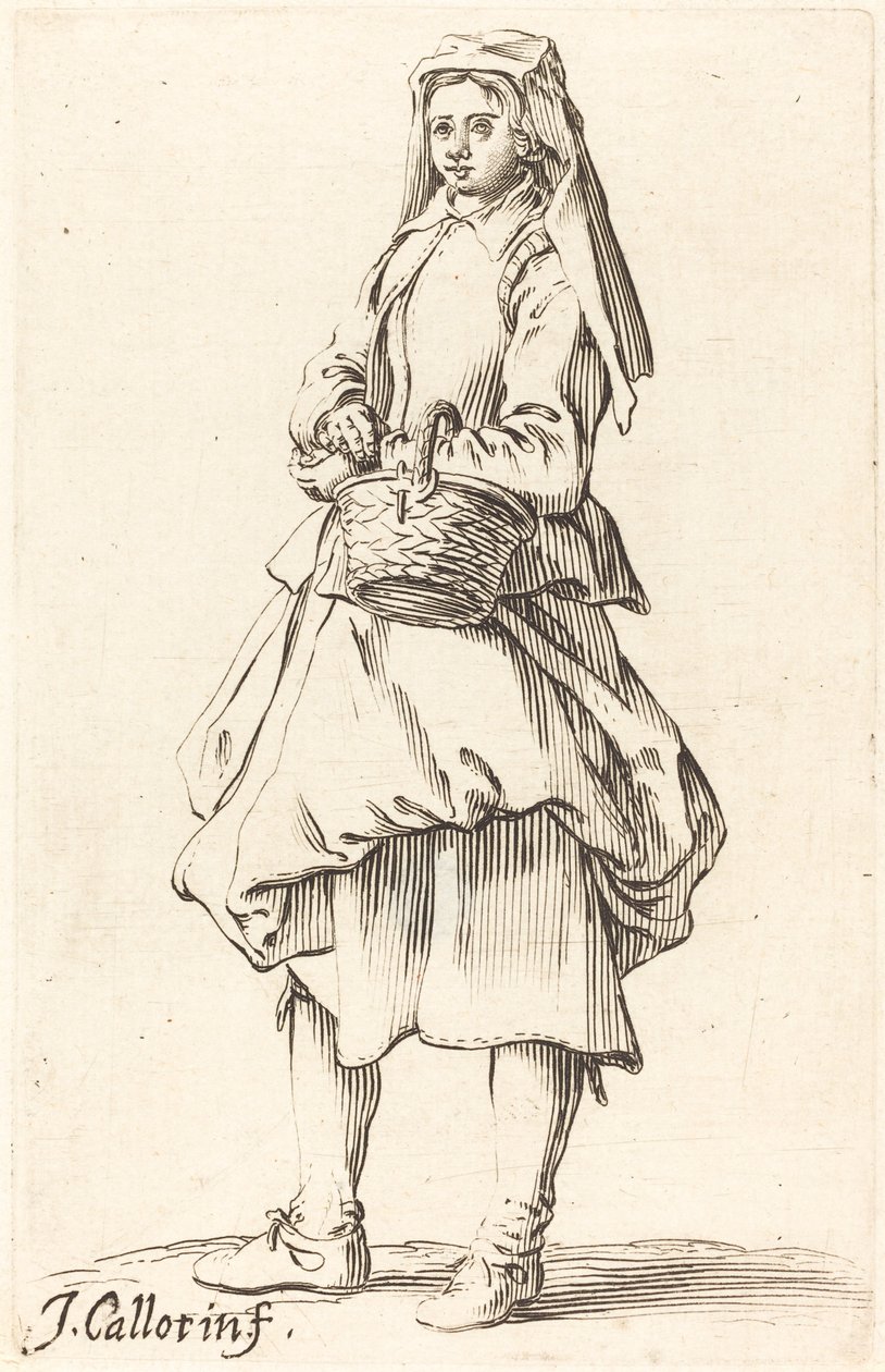 Bondekvinna med korg, vänd åt vänster av Israel Henriet after Jacques Callot