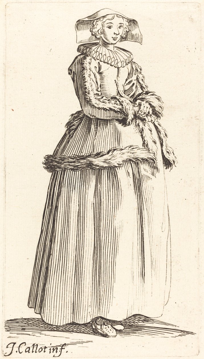 Ung kvinna med händerna vikta, vänd åt höger av Israel Henriet after Jacques Callot
