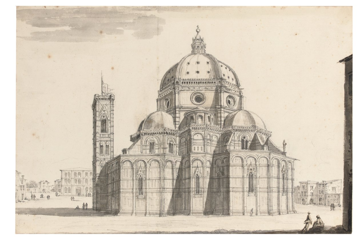 The Duomo and Campanile, Florence (svart krita, penna och grått bläck, brunt och grått tvätt på papper med vattenstämpel) av Israel the Younger Silvestre