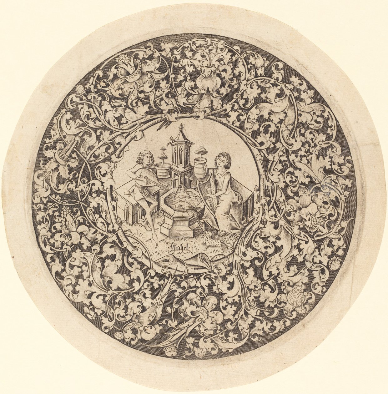 Cirkulär prydnad med musiker som spelar nära en brunn, ca. 14951503. av Israhel van Meckenem