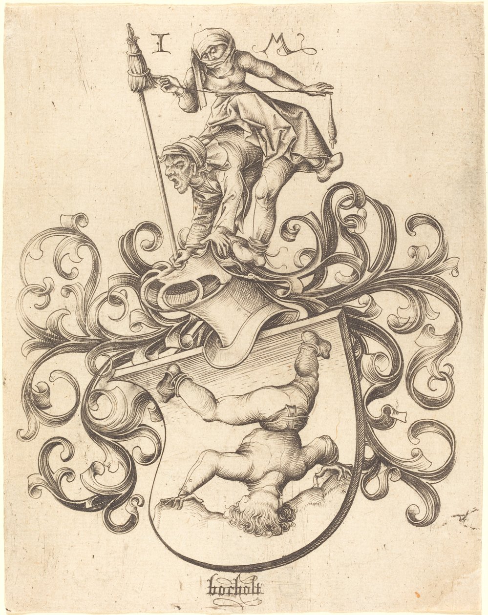 Vapensköld med Tumbling Boy, ca. 14801490. av Israhel van Meckenem