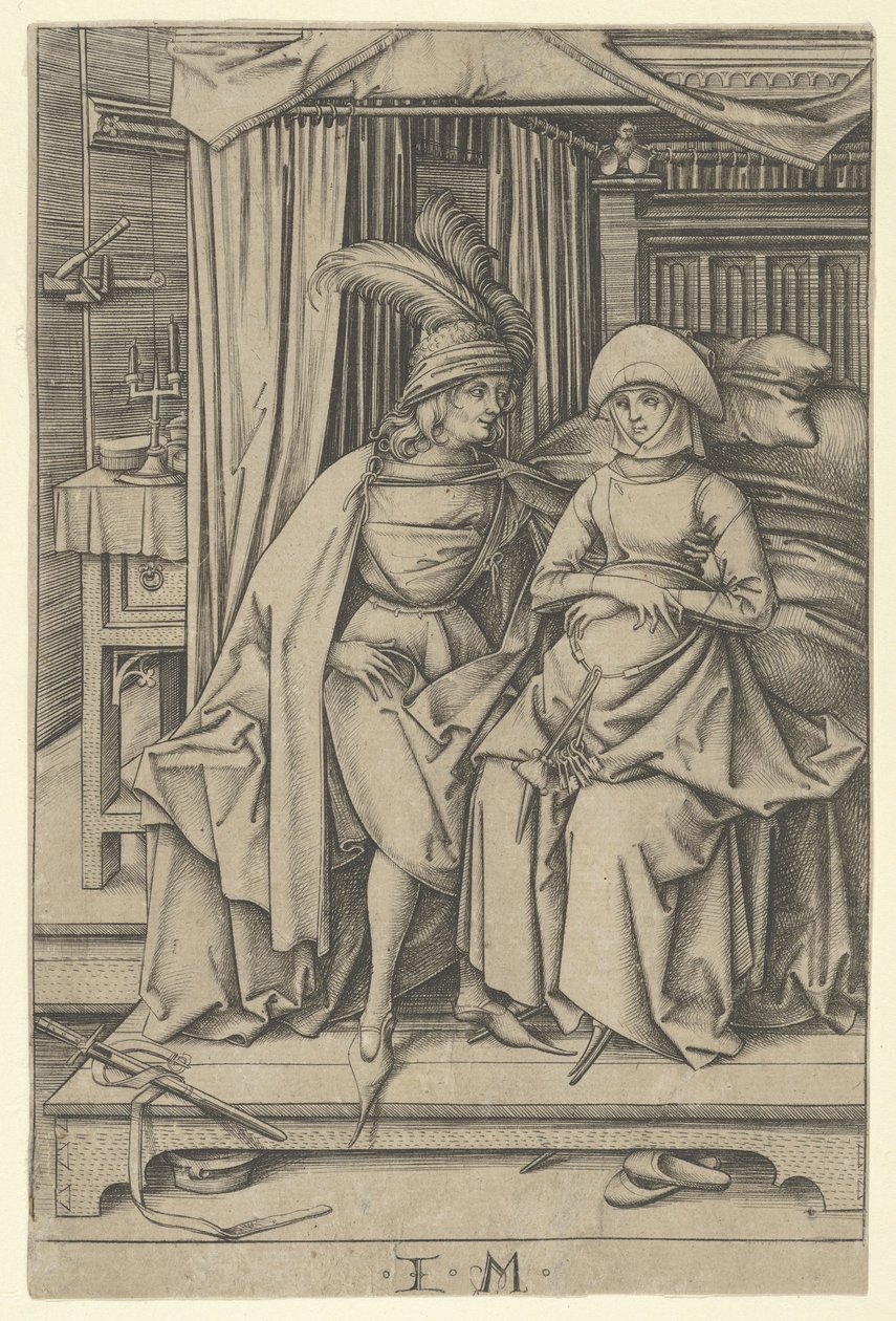 Par sittande på en säng, från Scenes of Daily Life,.n.d. av Israhel van Meckenem