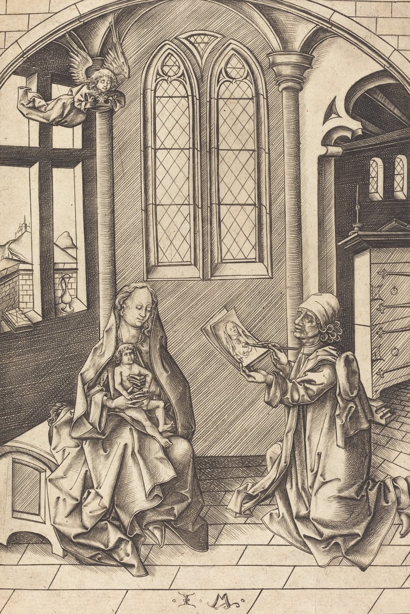 Saint Luke ritar ett porträtt av jungfrun, ca. 1475. av Israhel van Meckenem