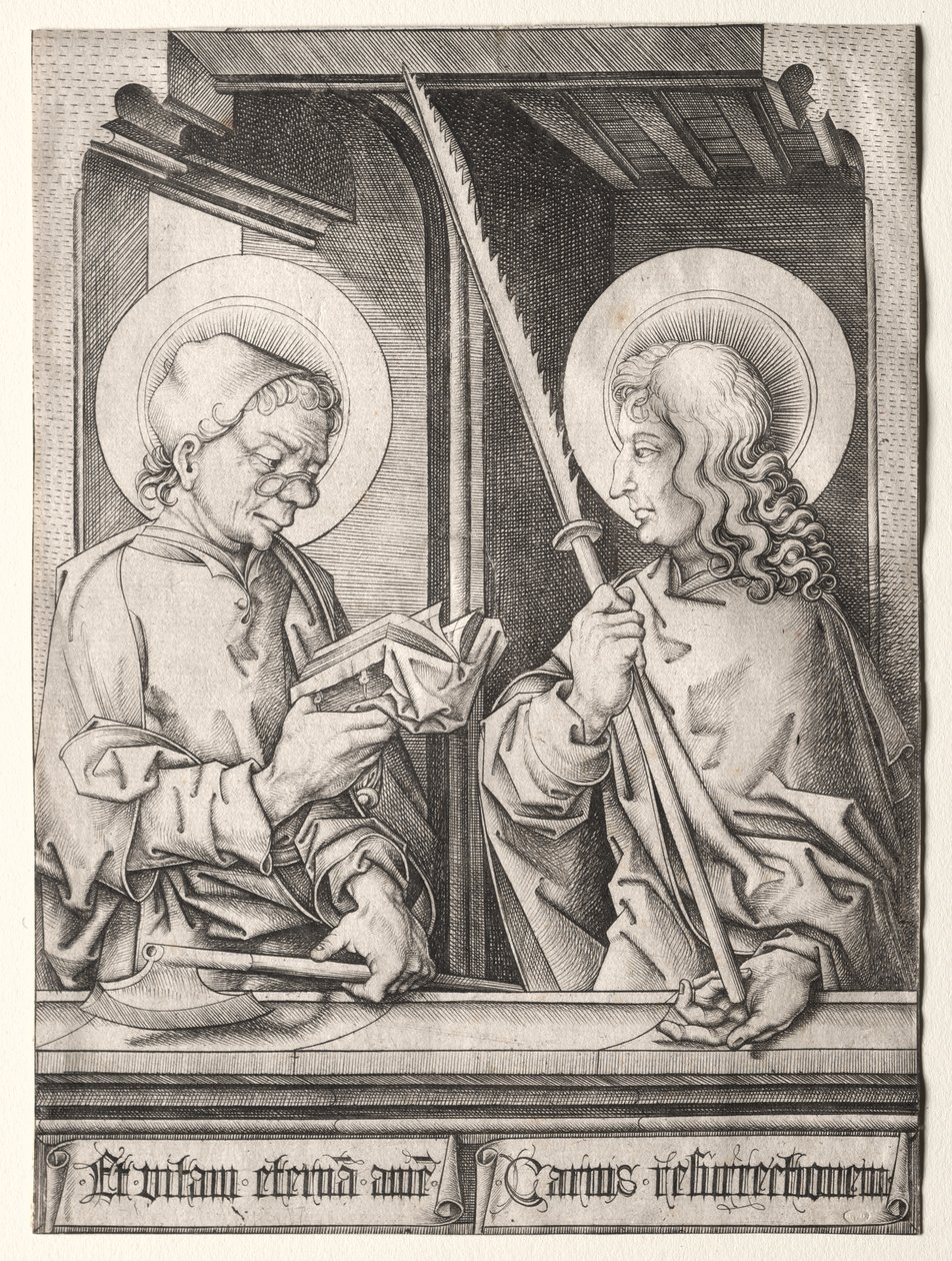 De tolv apostlarna vid gotiska fönster: St. Matthias och St. Judas Thaddaeus av Israhel van Meckenem