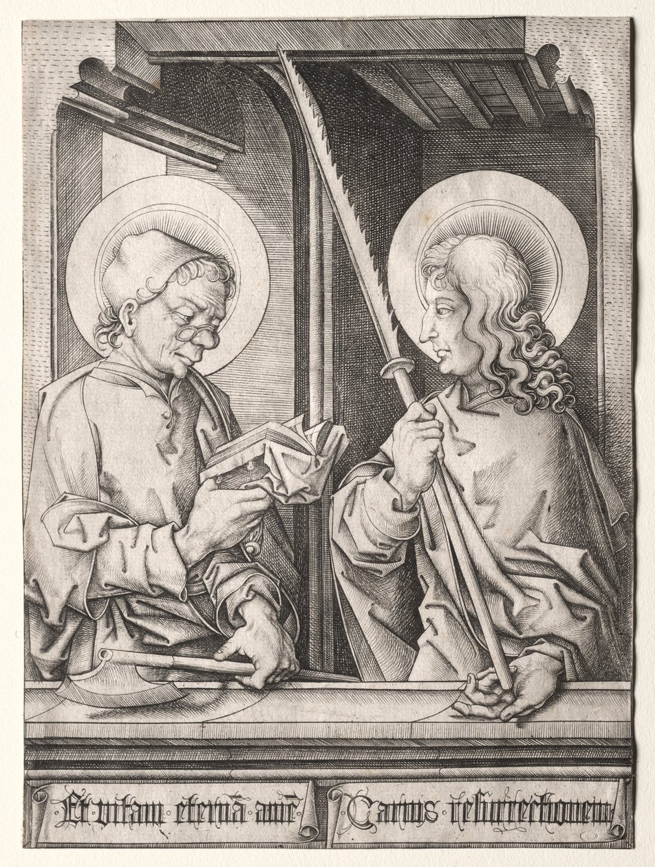 De tolv apostlarna vid gotiska fönster: St. Matthias och St. Judas Thaddaeus. av Israhel van Meckenem