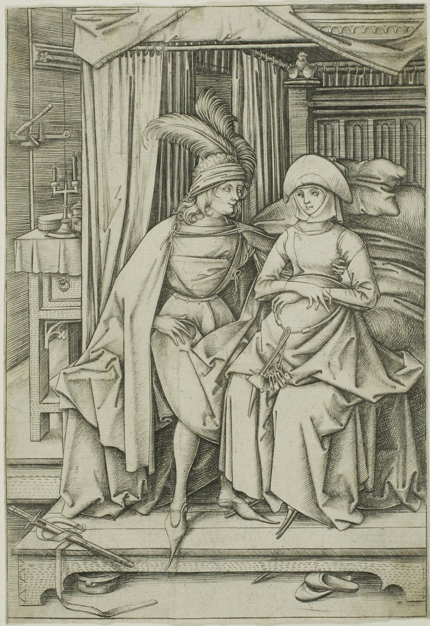 En man och en kvinna sittande på en säng av Israhel van Meckenem the younger