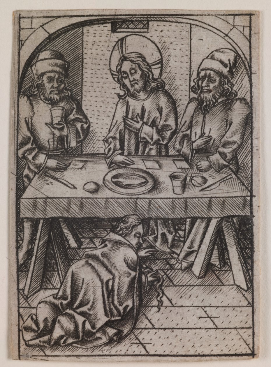 Maria Magdalena tvättar Kristi fötter, ca 1500 (gravyr) av Israhel van the younger Meckenem