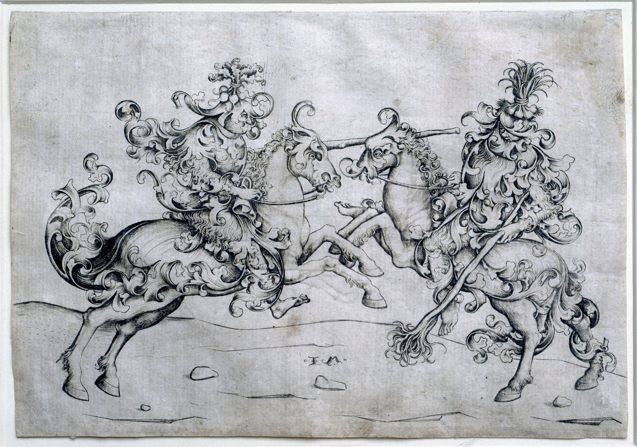 Två ryttare som spelar. Spel med två män till häst. Teckning av Israel Van Meckenem (ca 1440-1503). Louvren av Israhel van the younger Meckenem