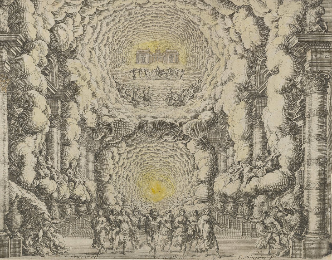 Design för en teateruppsättning skapad av Giacomo Torelli da Fano för baletten 