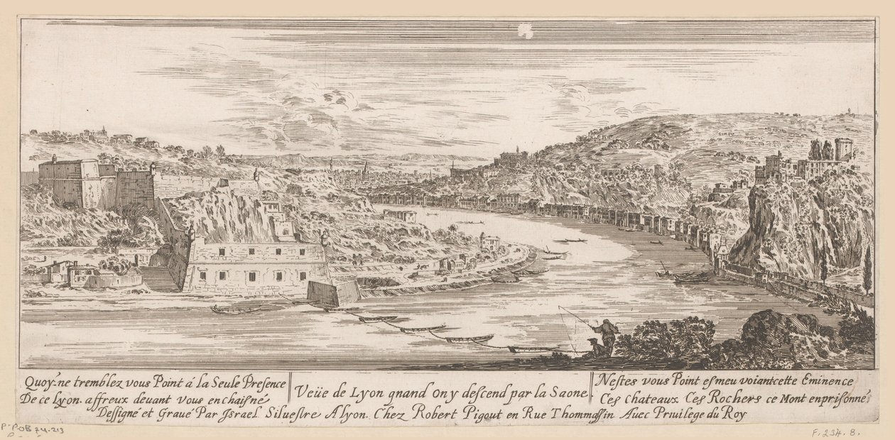 Utsikt över Lyon i en krök av Saône Veue de Lyon quand on y descend par la Saone (titel på objekt) av Israël Silvestre