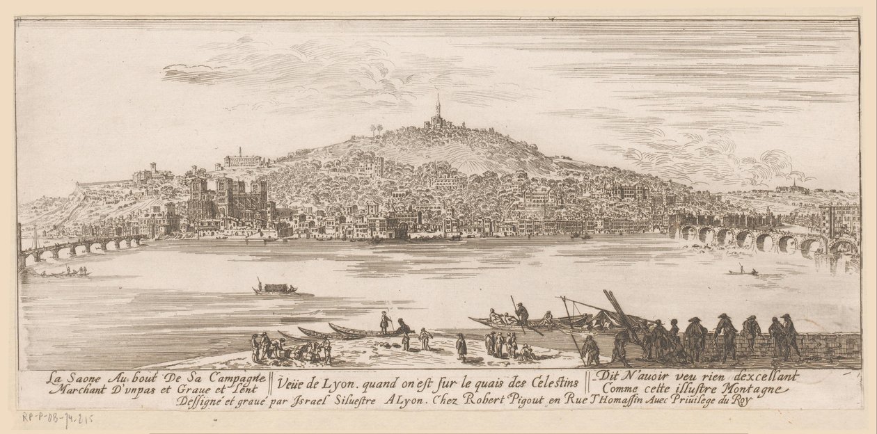 Utsikt över Lyon från stranden vid Celestine-klostret Veue de Lyon quand on est sur les quais des Celestins (titel på objekt) av Israël Silvestre