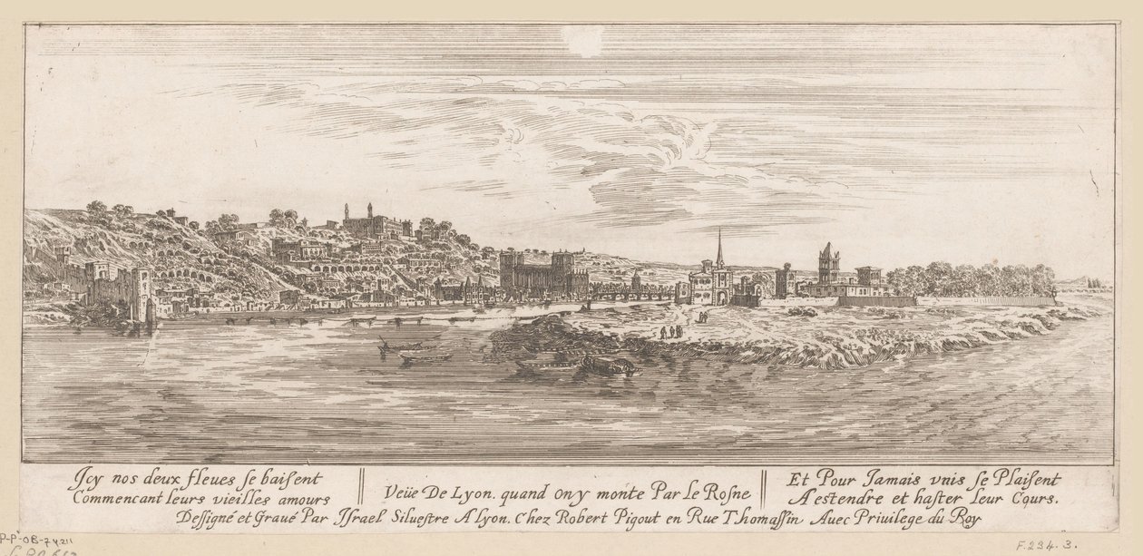 Utsikt från Rhen på Lyon Veue de Lyon quand on y monte par le Rosne (titel på objekt) av Israël Silvestre
