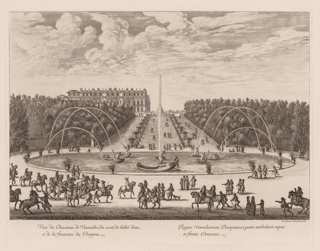 Utsikt över Château de Versailles, från sidan av gränden och drakfontänen av Israël Silvestre
