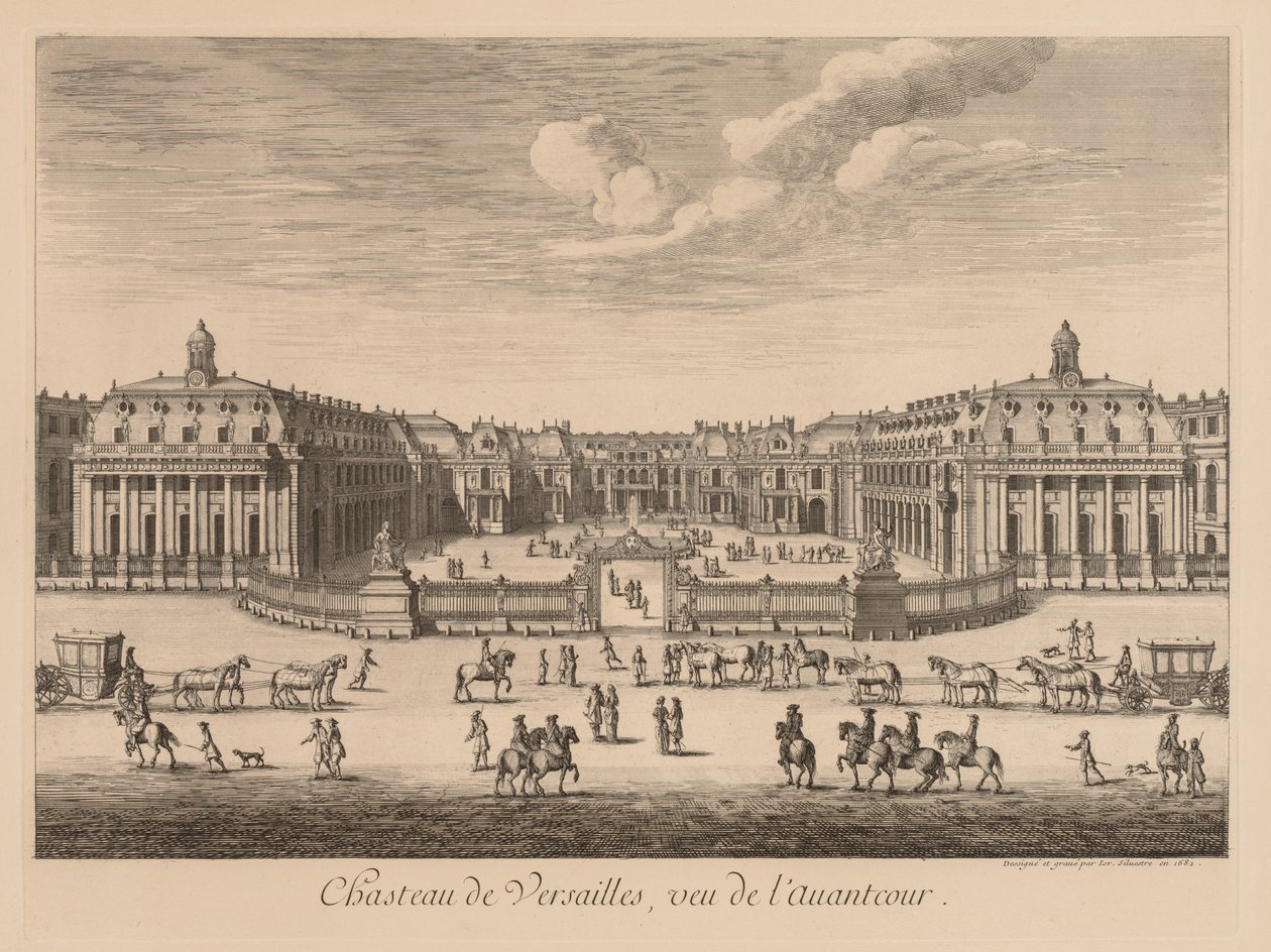 Utsikt över slottet i Versailles, sett från förgården, 1682. av Israël Silvestre