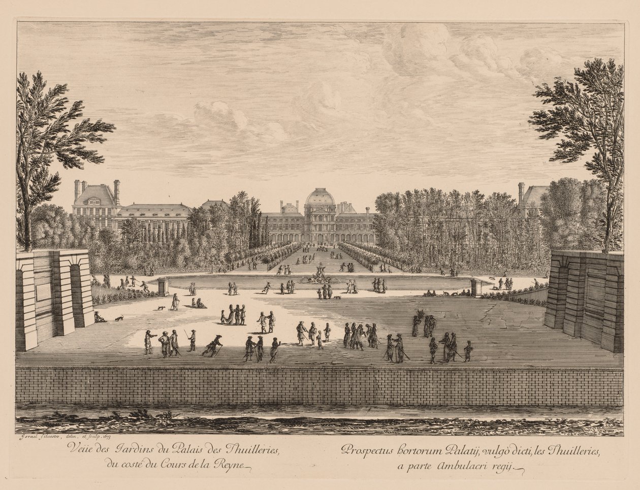 Utsikt över Tuileriepalatset och trädgårdarna, från Cours la Reine-sidan, 1673. av Israël Silvestre
