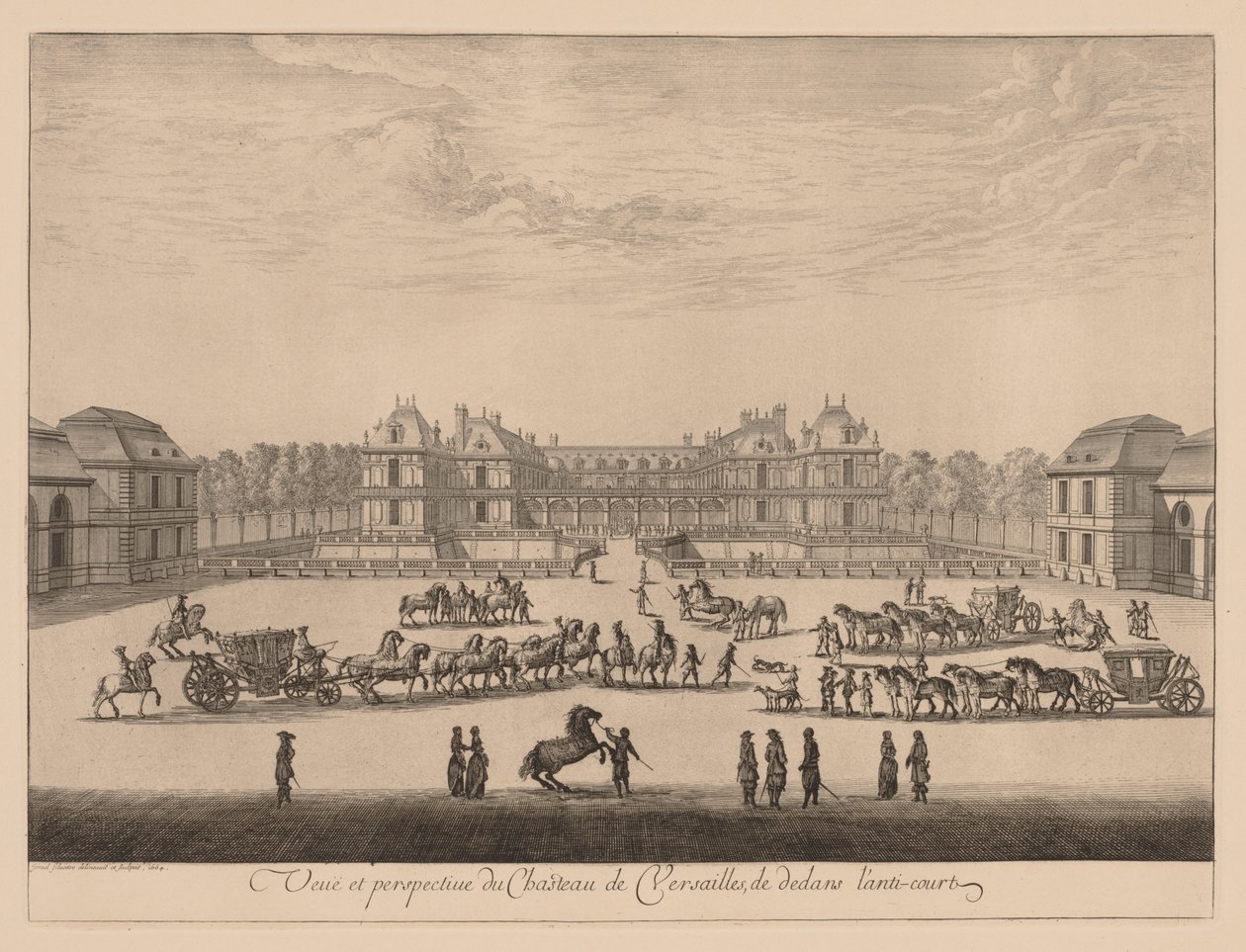 Utsikt och perspektiv av slottet i Versailles, inifrån anti-gården, 1664. av Israël Silvestre
