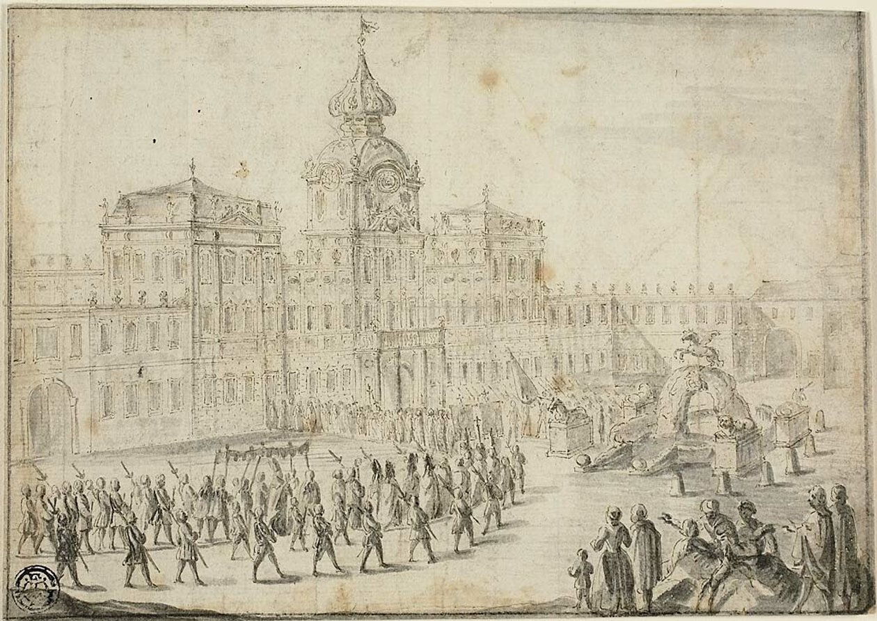 Religiös procession på väg in i Schloss Mirabell, Salzburg av Israël Silvestre the Younger