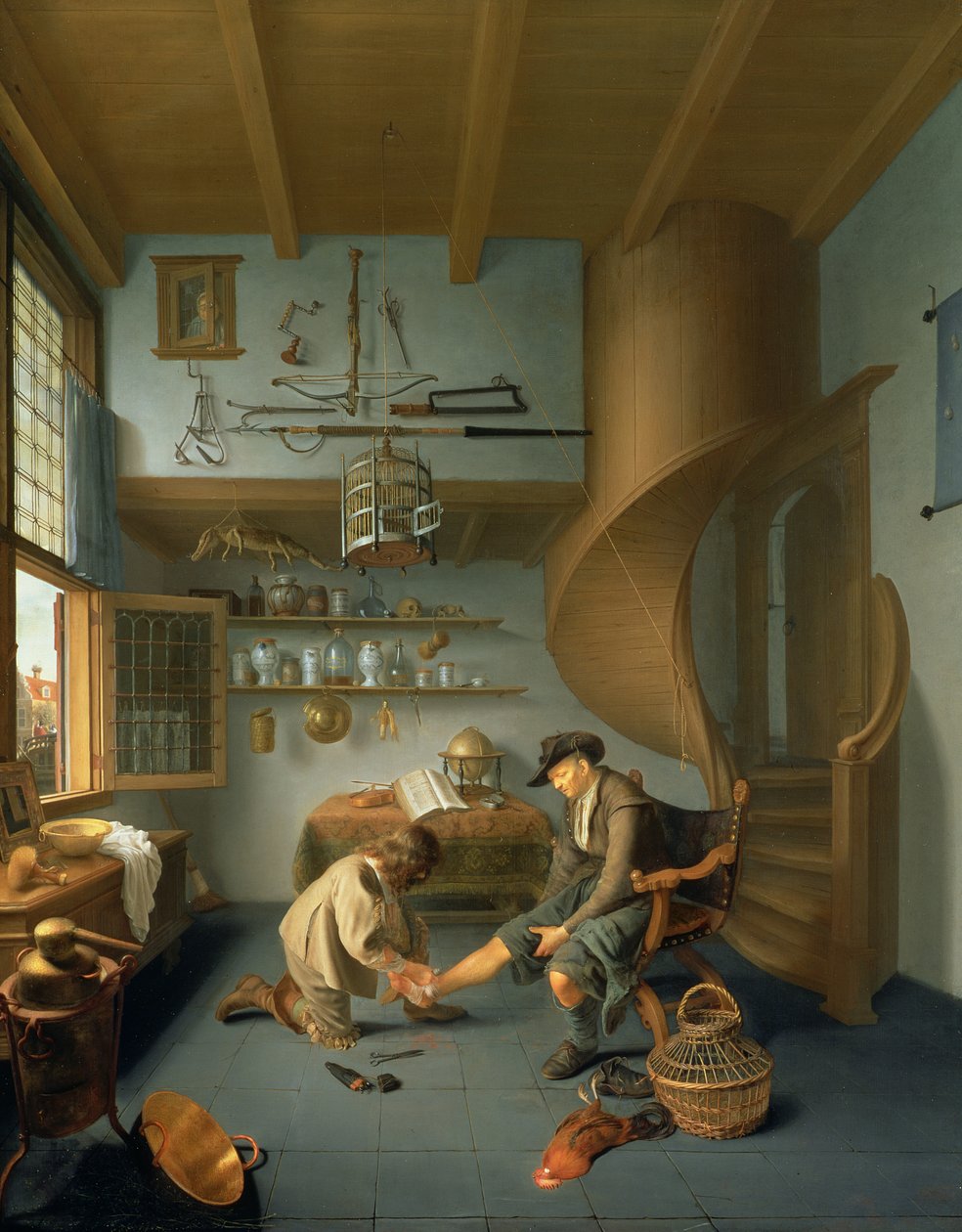 En frisörkirurg som sköter en bondes fot, ca 1650 (panel) av Issac Koedyck
