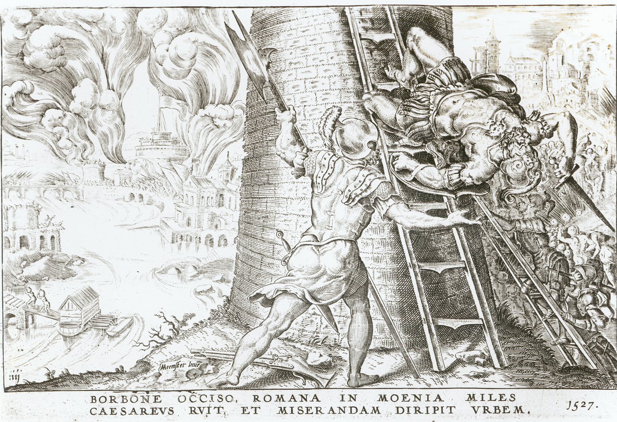 Vid Charles Bourbons död (1490-1527) stormar Karl V:s (1500-58) trupper Roms murar, 1527 av Italian School