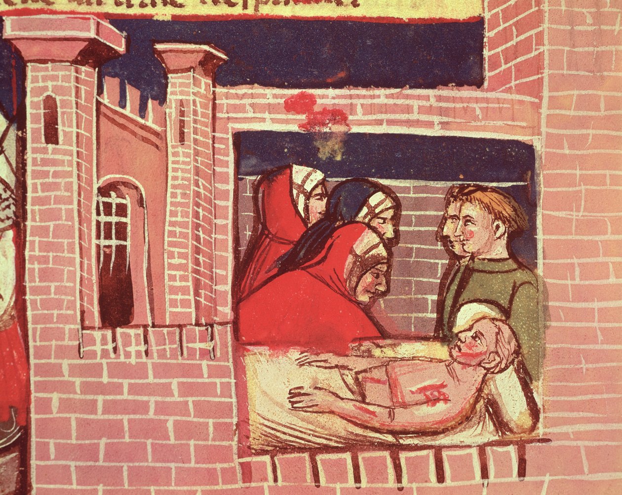 Ta hand om en skadad man i ett slott, från en venetiansk Codex av Italian School