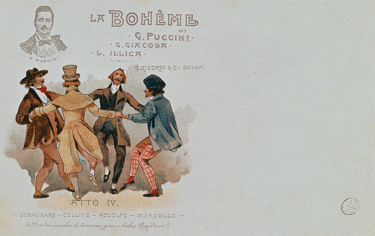 Jubileumsvykort av operan "La Boheme", av Giacomo Puccini (1858-1924) av Italian School