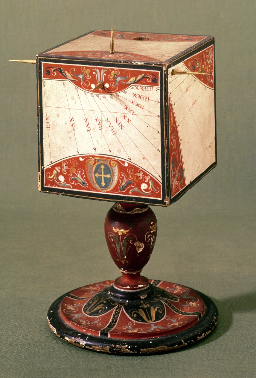 Kubiskt solur som visar tiden i antika italienska, babyloniska och judiska timsystem, florentinska, ca 1560 (valpsjuka på trä) (se även 260952) av Italian School