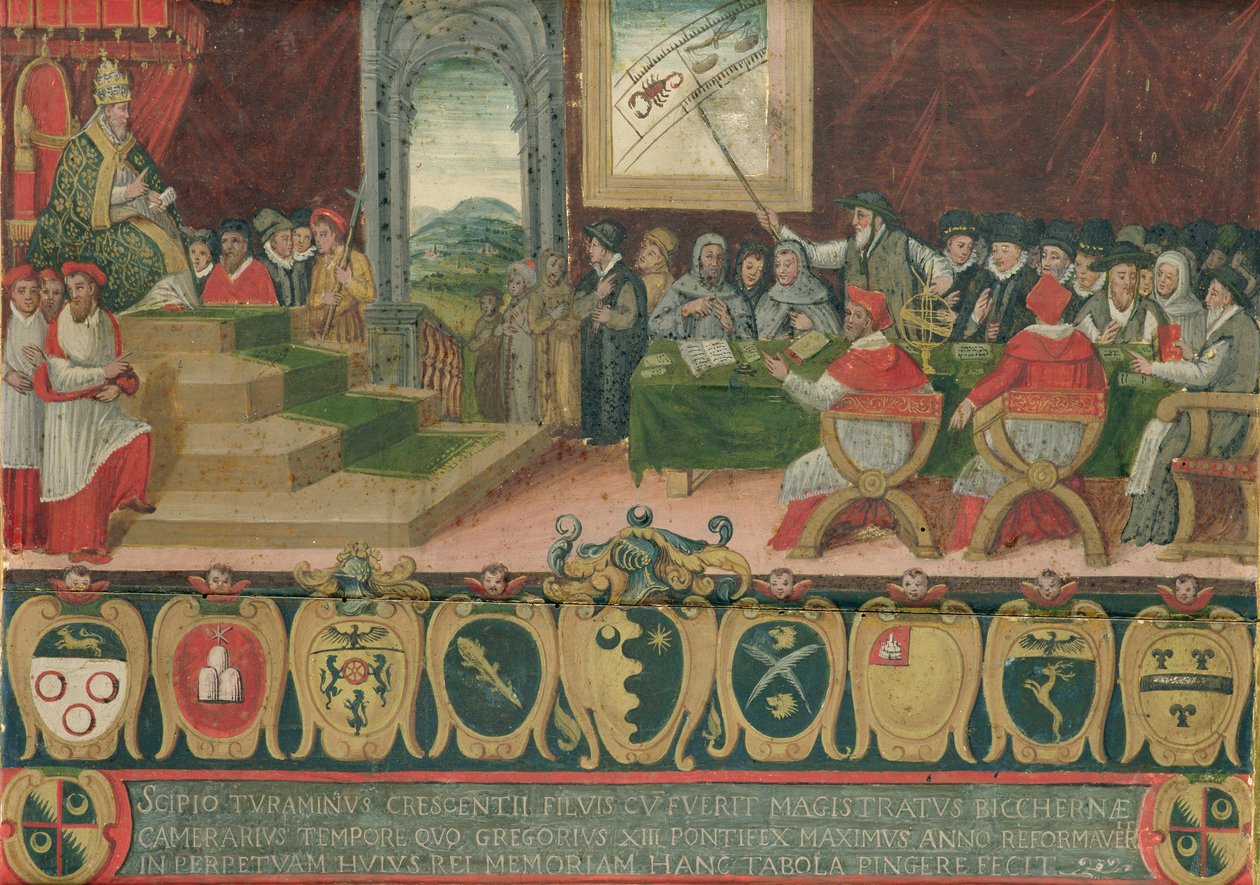 Diskussion om reformen av kalendern under påven Gregorius XIII (1502-85) som ersattes av den gregorianska kalendern, Rom, 15 oktober 1582 (se även 102626) av Italian School