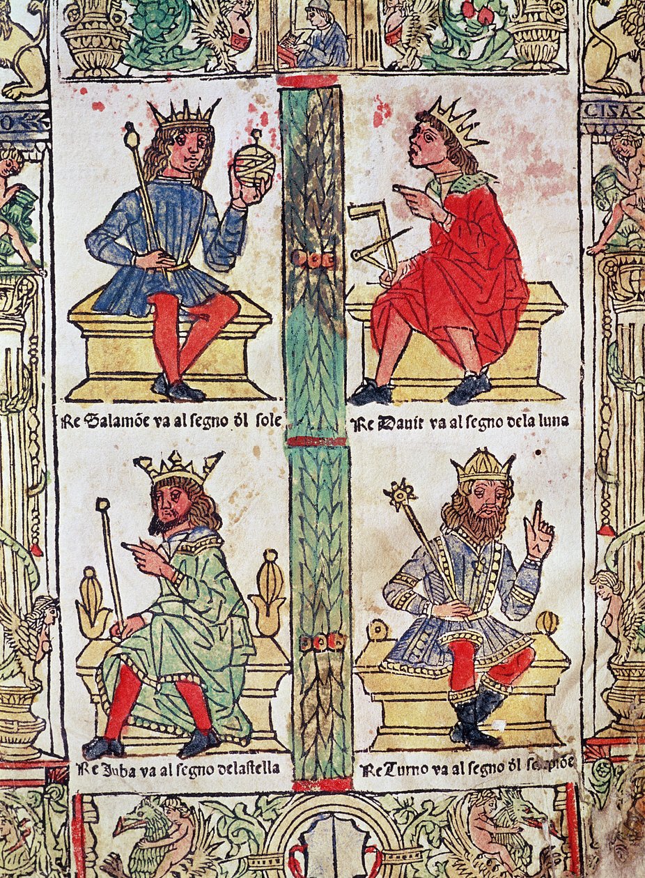 Kung David, Salomo, Luba och Turnis, ur "Libro de la Sorte e de la Ventura" av Lorenzo Spirito (färgat träsnitt) av Italian School