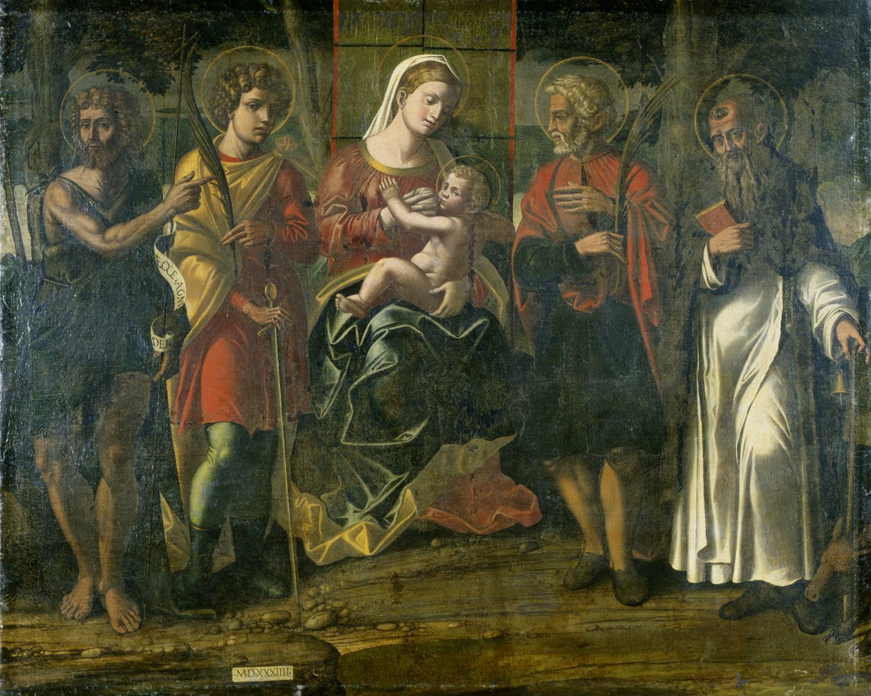 Madonna och barn med Johannes Döparen, Anthony och andra helgon, 1534 (tempera på duk) av Italian School