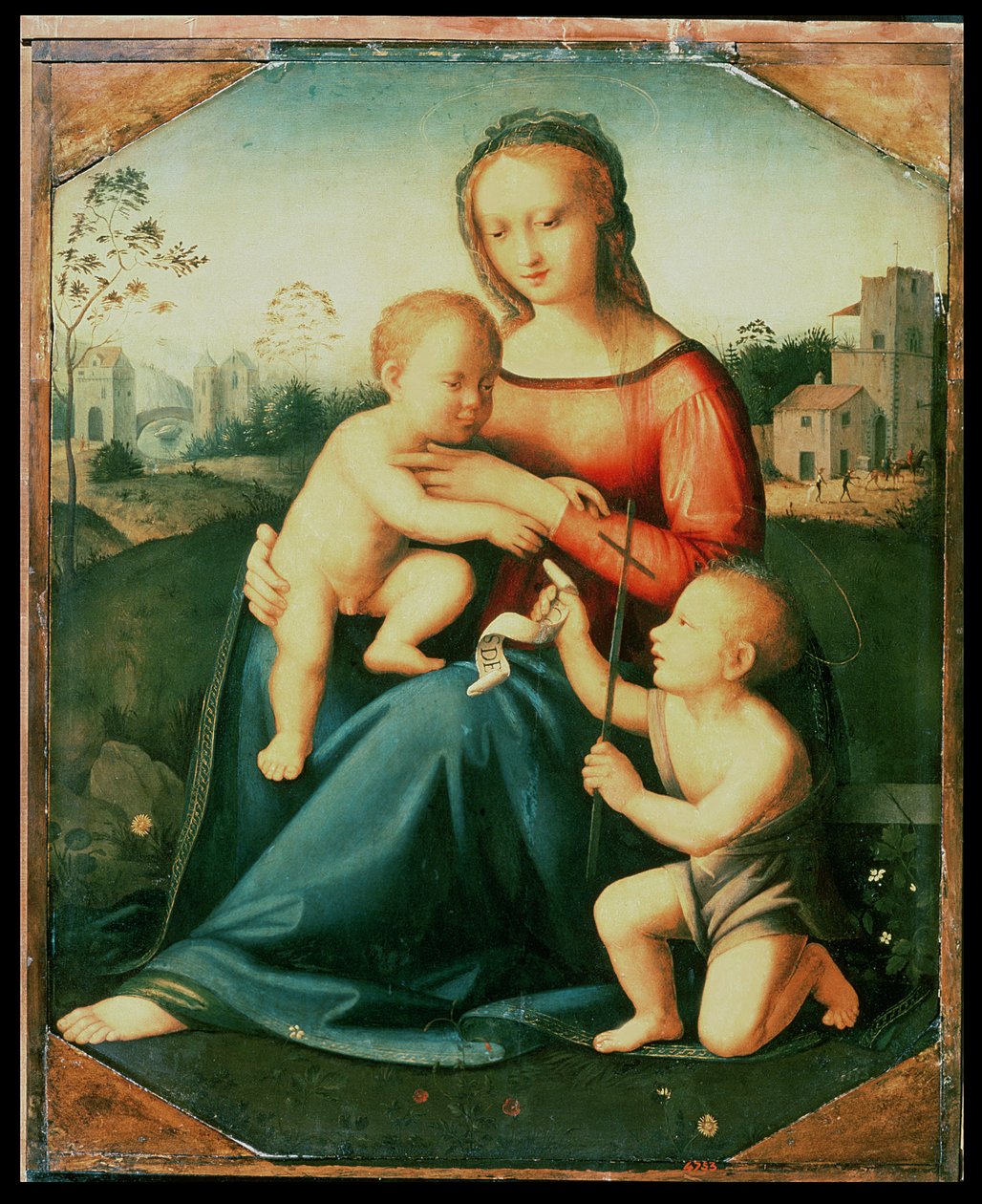 Madonna og barn med St. Johannes Døberen swed av Italian School