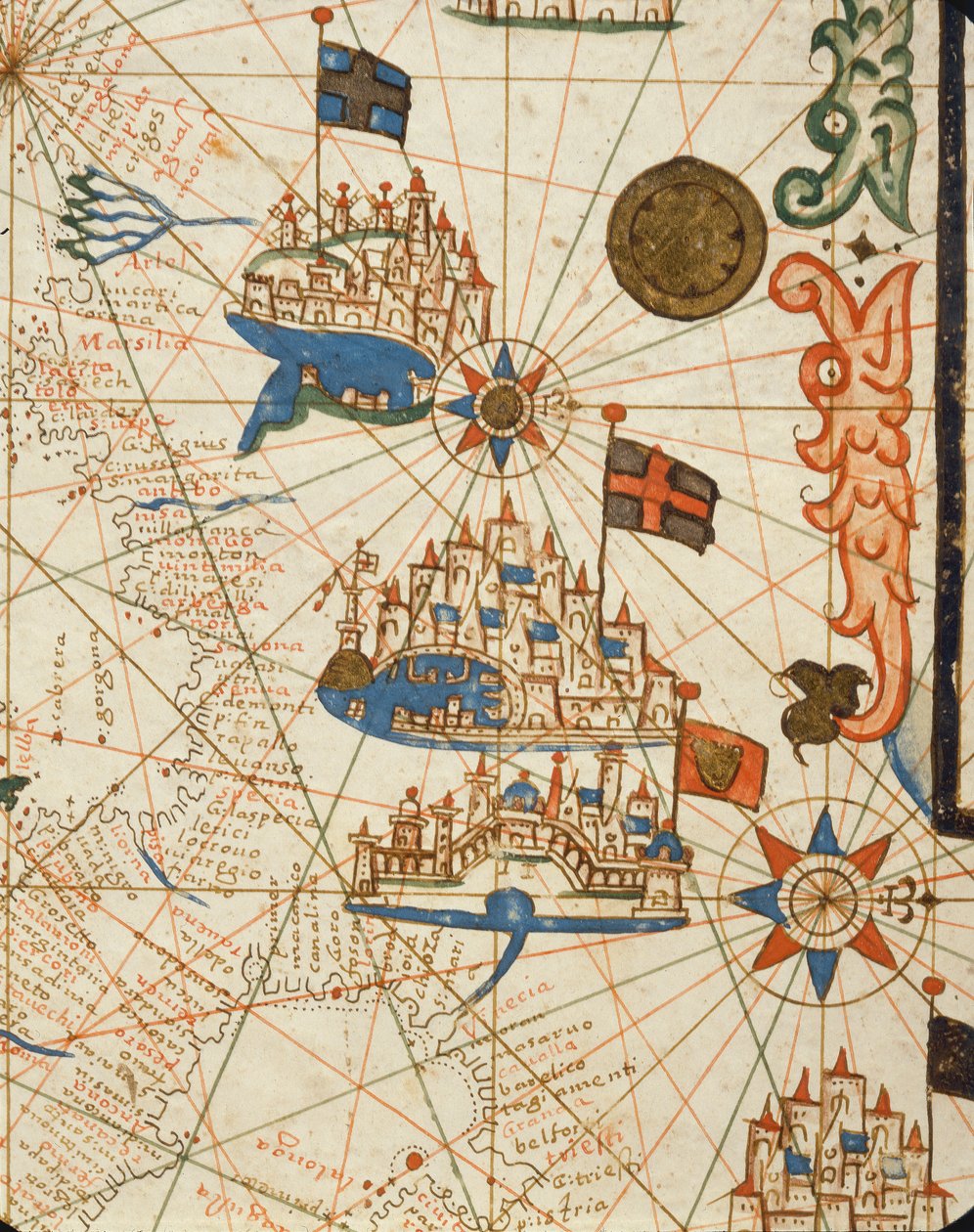Marseille, Genua och Venedig, från en sjömansatlas, 1646 (bläck på pergament) (detalj från 330937) av Italian School