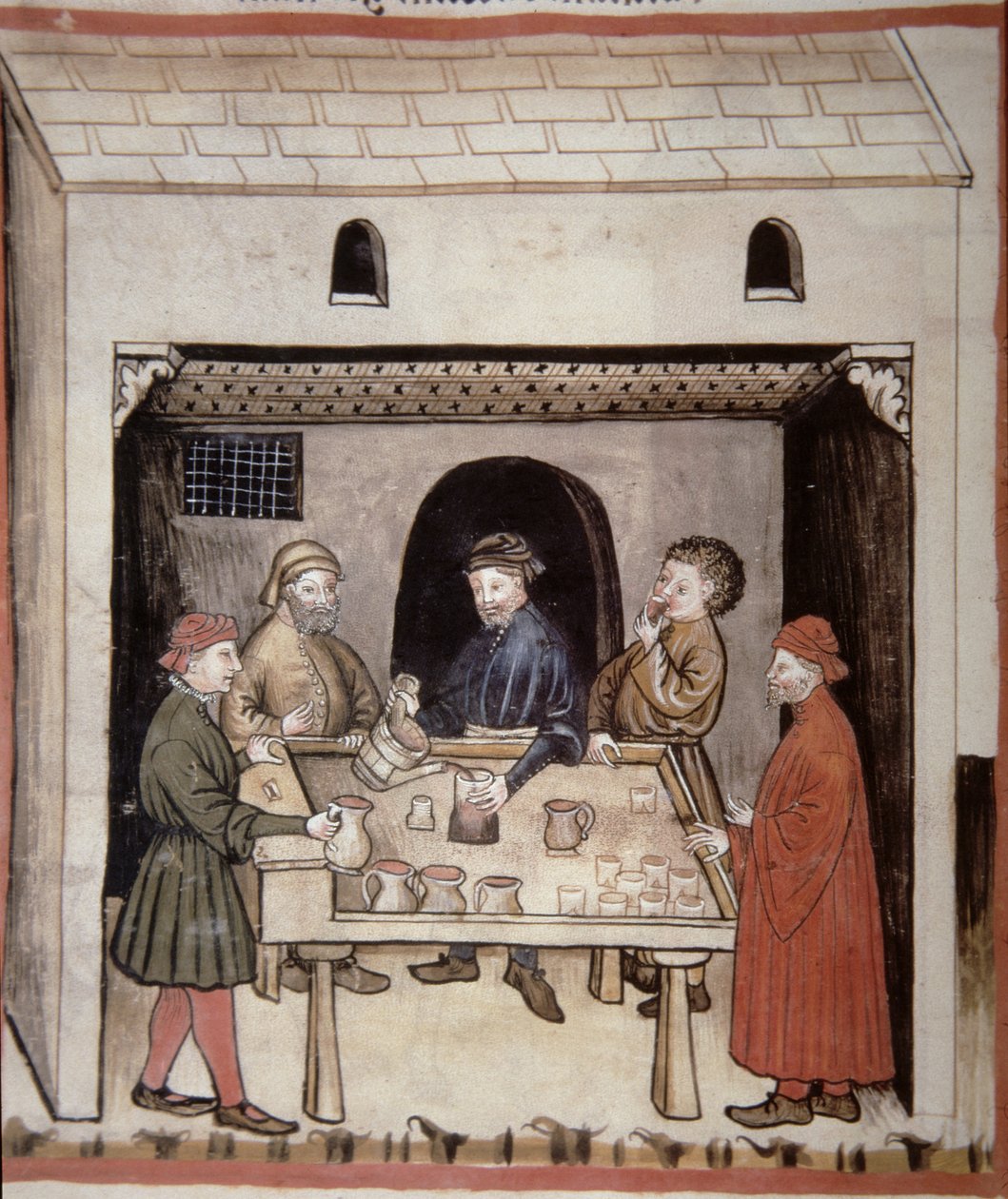 Nova 2644 f.87r Smakar rött vin, från Tacuinum Hygiene Code Vindobonensis av Italian School