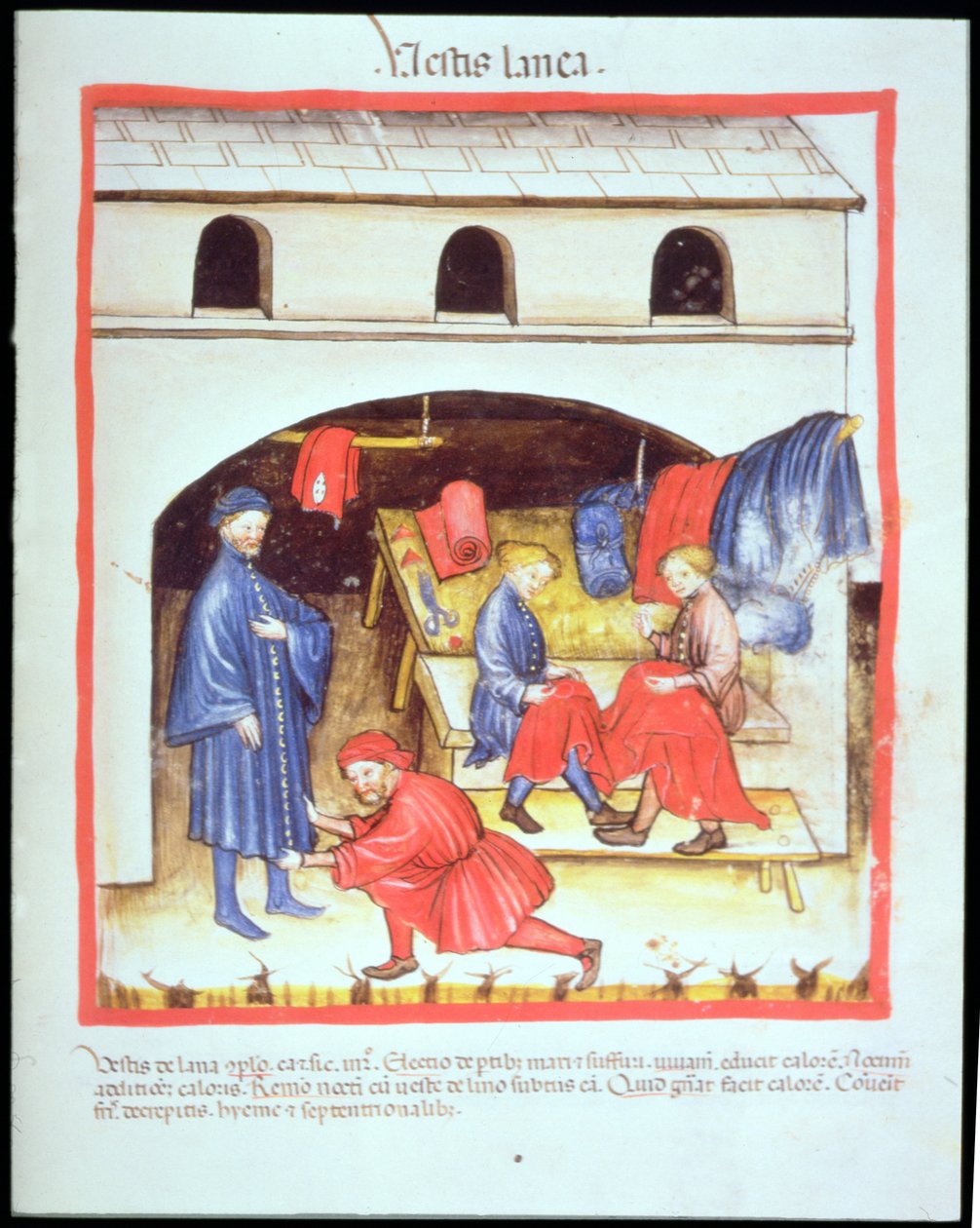 Nova 2644 fol.105r The Tailors: Clothes of Wool, från Tacuinum Sanitatis av Italian School