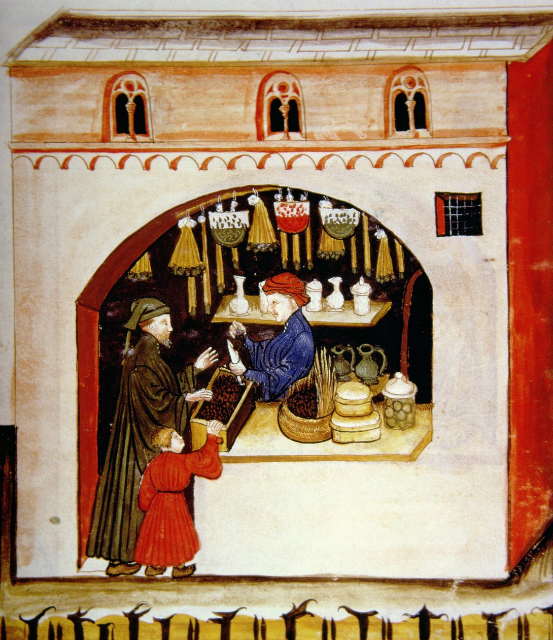 Nova 2644 fol.56r Försäljning av torkade druvor, från Tacuinum Sanitatis av Italian School