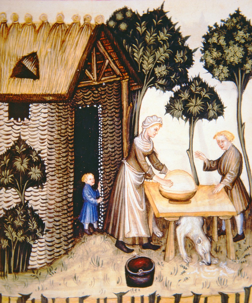 Nova 2644 fol.61r Beredning av smör, från Tacuinum Sanitatis av Italian School