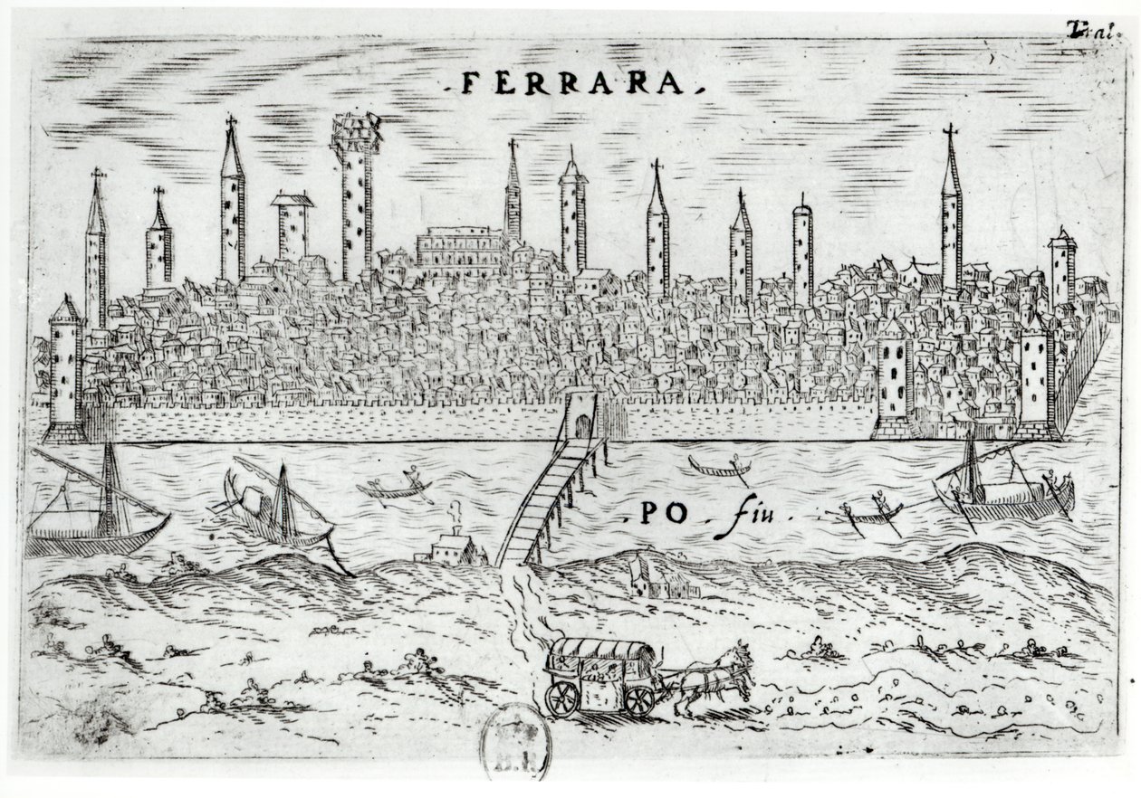 Panoramautsikt över Ferrara från den motsatta stranden av floden Po av Italian School