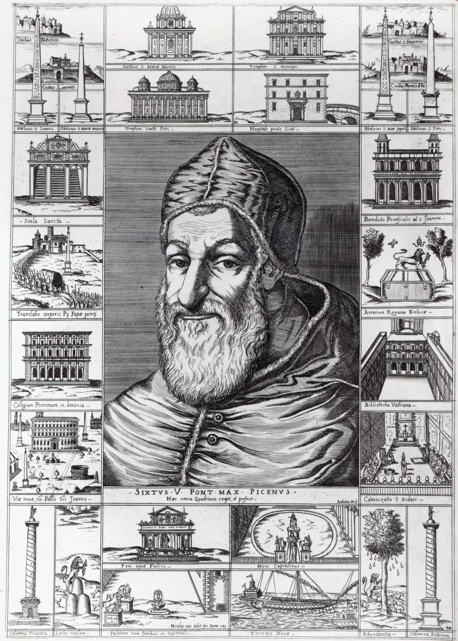 Påven Sixtus V, omgiven av kyrkor, byggnader och monument som byggdes eller restaurerades under hans pontifikat, graverad av Ambrosius, 1589 av Italian School