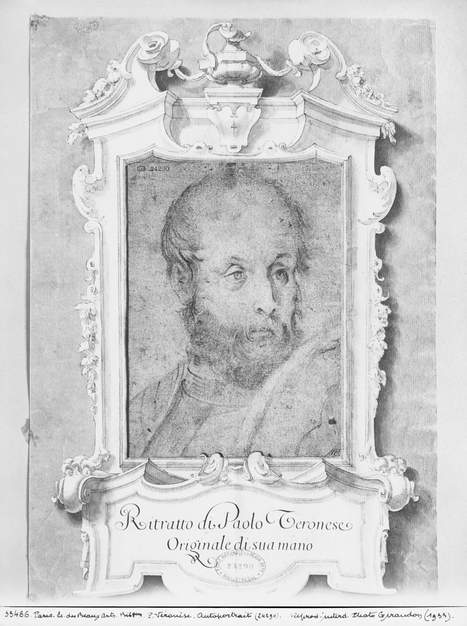 Portræt af en mand, der formodes at være Veronese (Paolo Caliari) (pierre noire på blåligt papir) svensk av Italian School