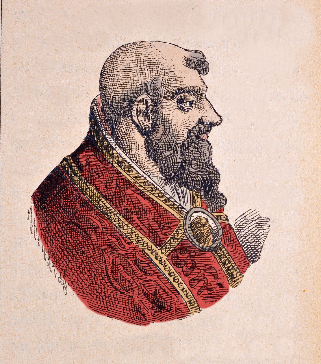 Porträtt av påven Clement VII (Clemente eller Clemens eller Giulio di Giuliano de Medicis) (1523-1534), 1898 (gravyr med senare färgsättning) av Italian School