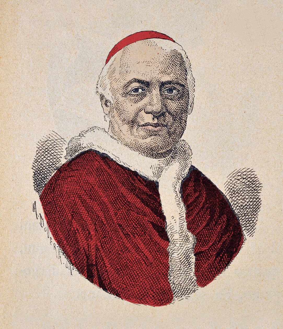 Porträtt av påven Pie IX (Pius eller Pio eller Giovanni Maria Mastai Ferretti) (1846-1878), 1898 (gravyr med senare färgsättning) av Italian School