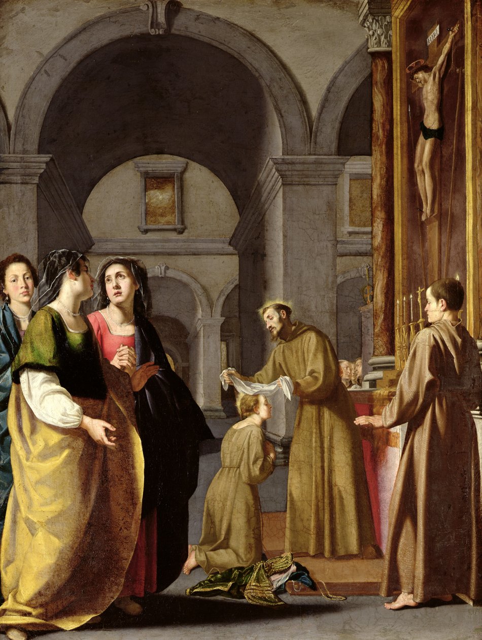 St. Clare tar emot slöjan från St. Franciskus av Assisi av Italian School
