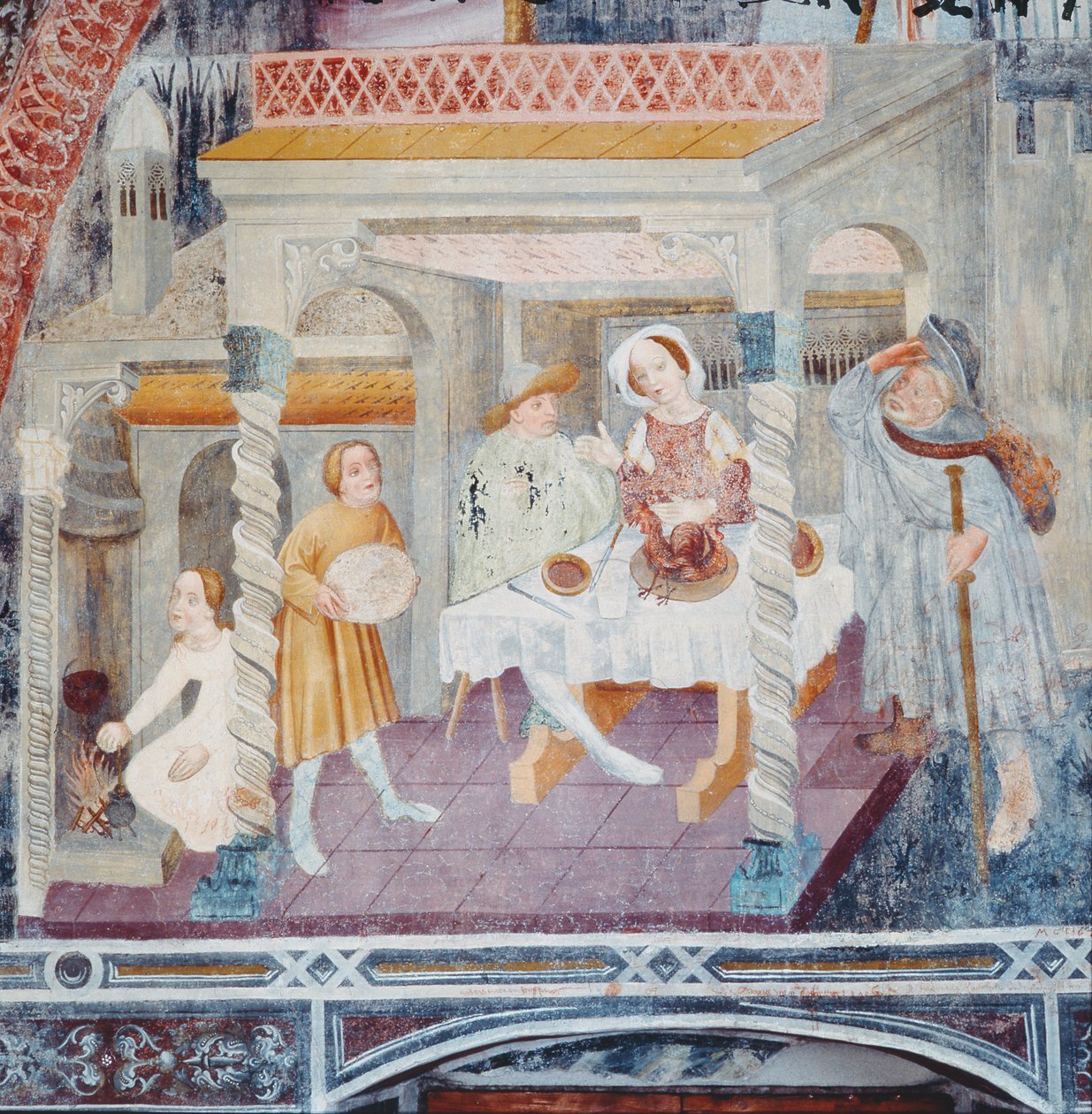 St. James går in i ett hus under en måltid, från berättelsen om St. James av Italian School
