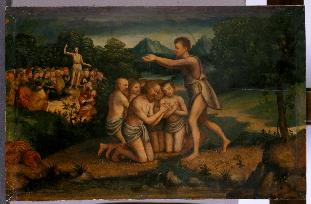 Johannes predikar och doper (tempera på trä) av Italian School