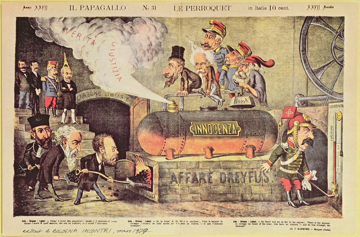 Dreyfusaffären, 22 december 1894, italiensk satirisk karikatyr från "Le Perroquet" (Il Pappagallo), nr 31, augusti 1899. av Italian School