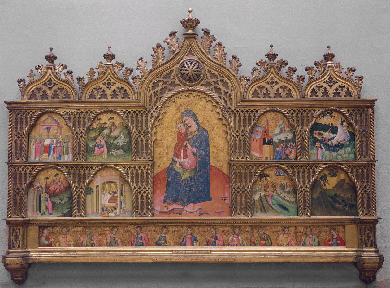 Jungfrun och barnet med legendariska scener (tempera på panel med guld) av Italian School