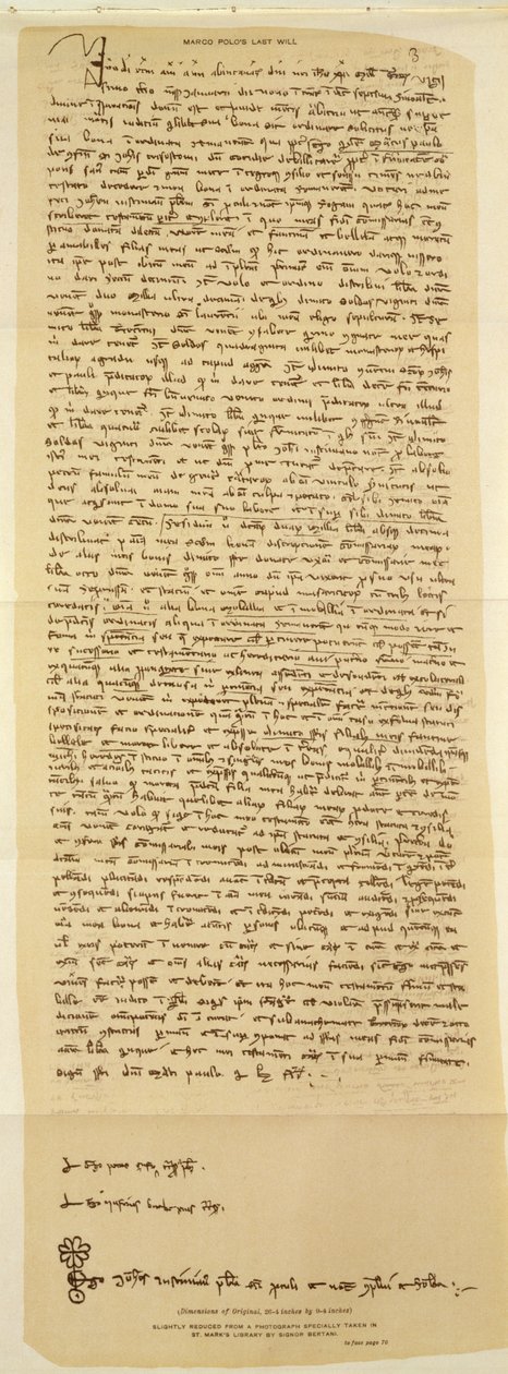 Marco Polos sista testamente, skrivet 1324 av Italian School