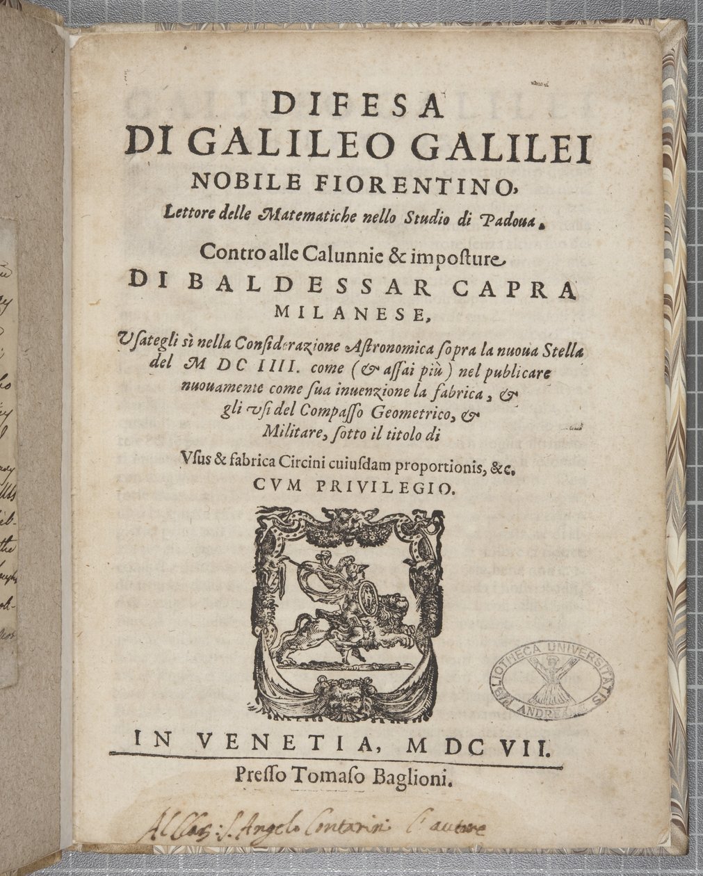 Titelsidan för Difesa, av Galileo, 1607 av Italian School